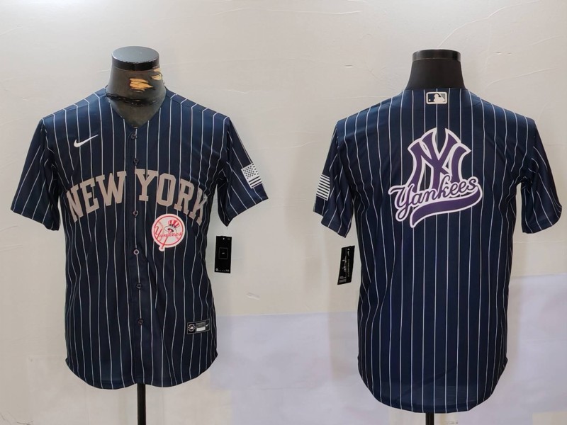 Men New York Yankees Blank Blue stripe joint name 2024 Nike MLB Jersey style 14